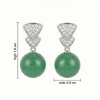 925 Sterling Silver Elegant Green Jadeite Round Bead Earrings with Brilliant Diamond-Accented Triangular Drops