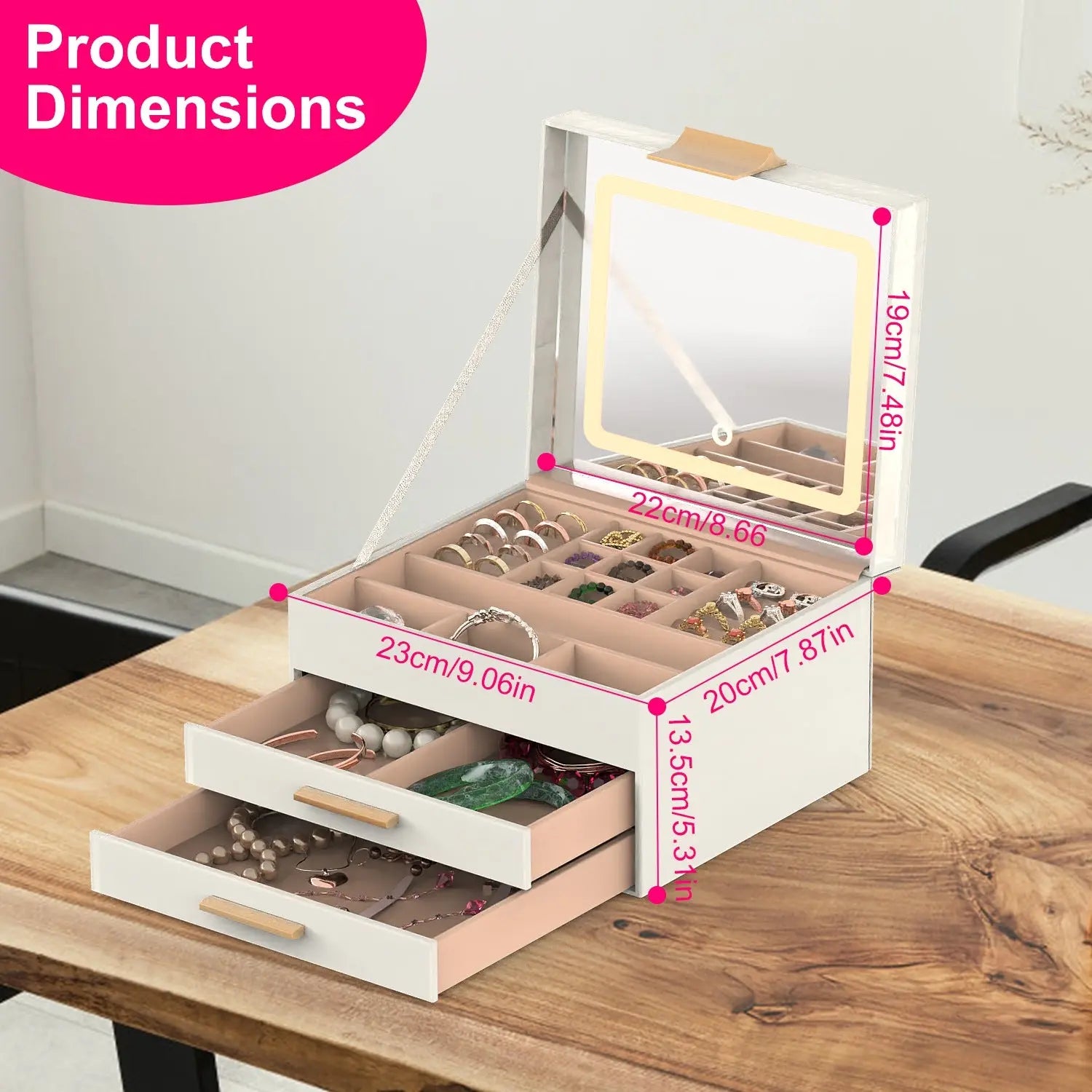  Jewelry Box with LED Mirror 3 Layer Jewelry Organizer with 2 Drawers