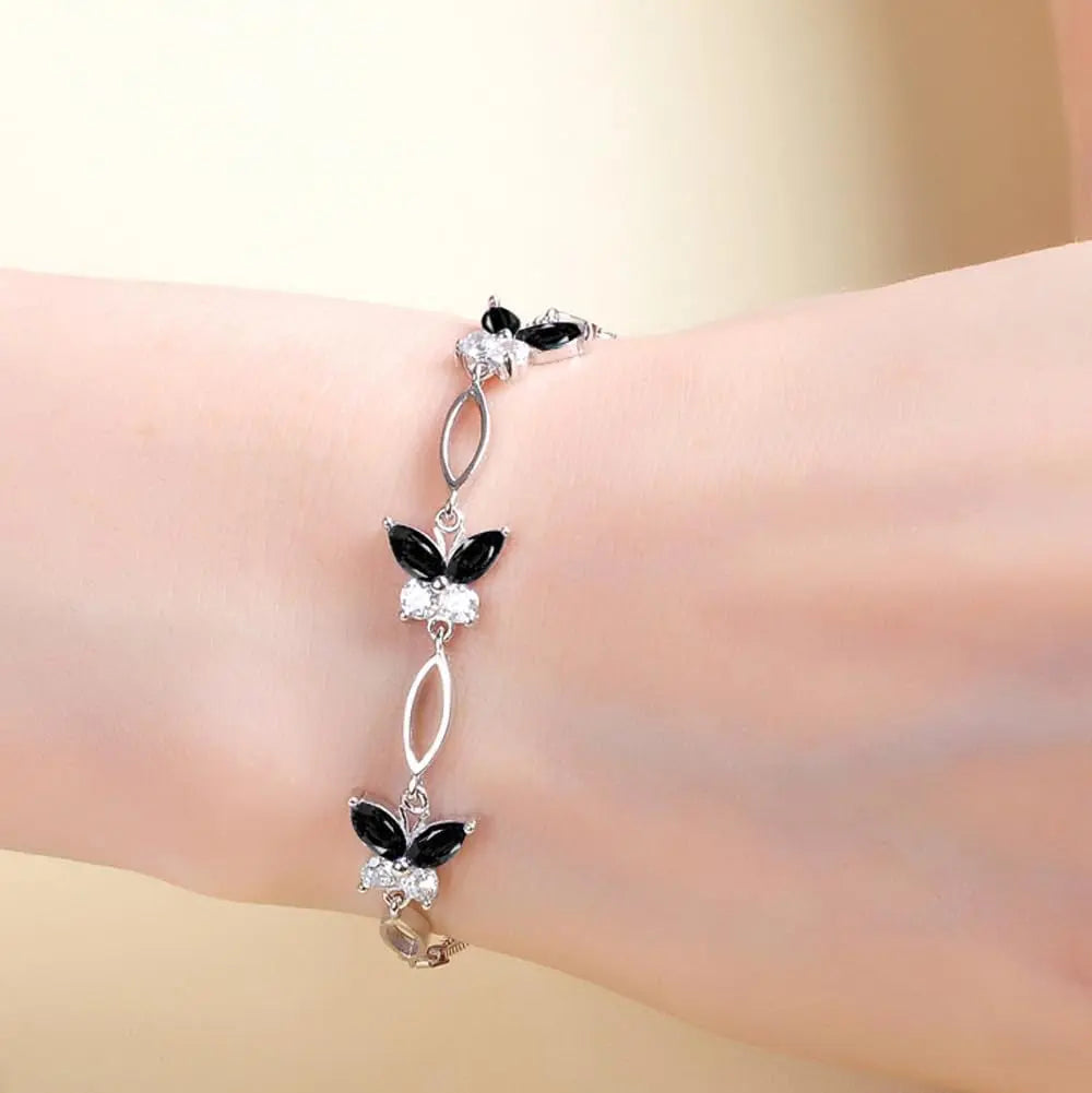 S925 Sterling Silver Purple Butterfly Bracelet, Adjustable 