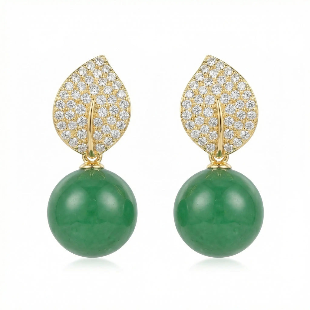 925 Sterling Silver Elegant Nature-Inspired Leaf Pave Accents and Green Jade Spherical Drop Earrings NP Collection