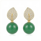925 Sterling Silver Elegant Nature-Inspired Leaf Pave Accents and Green Jade Spherical Drop Earrings NP Collection