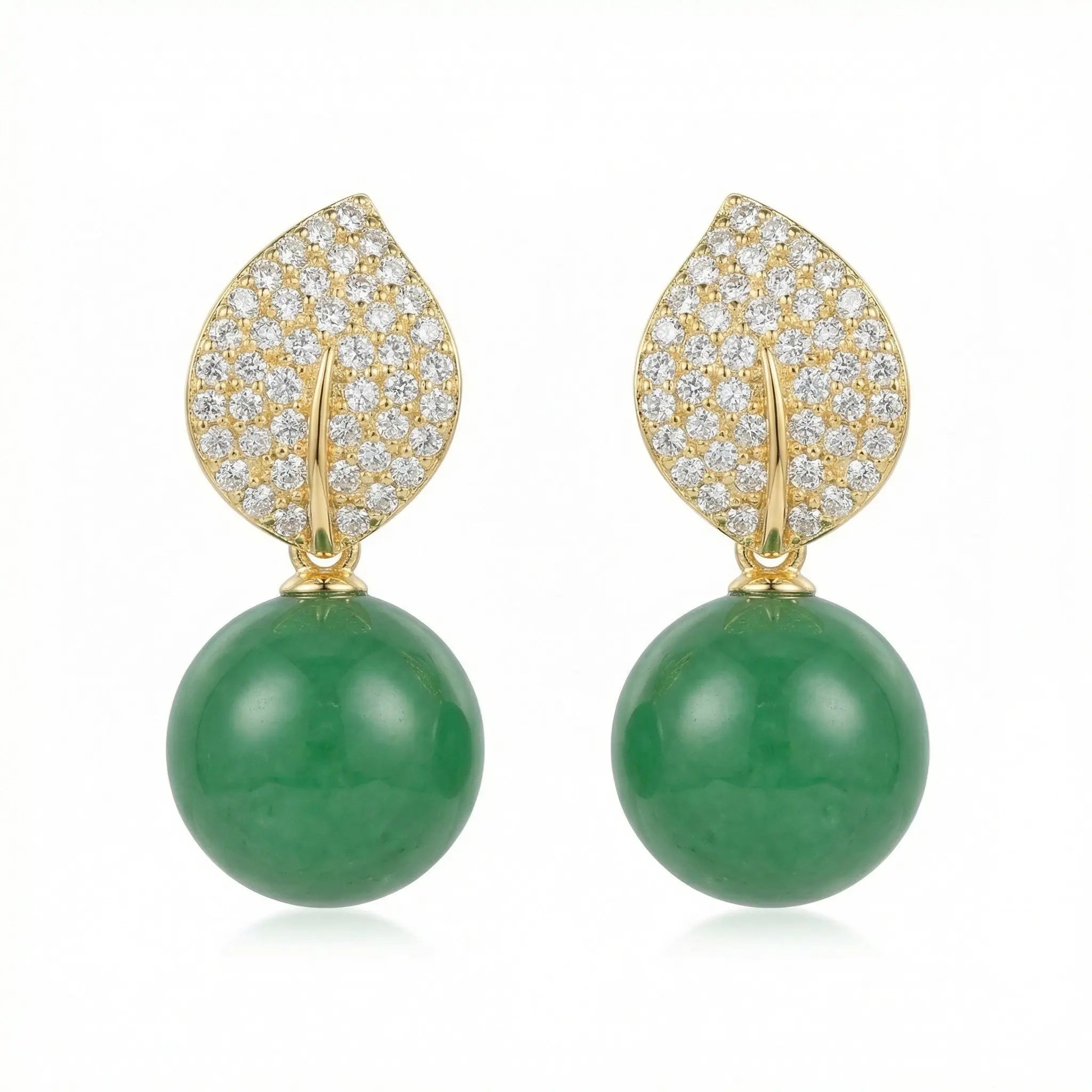 925 Sterling Silver Elegant Nature-Inspired Leaf Pave Accents and Green Jade Spherical Drop Earrings NP Collection