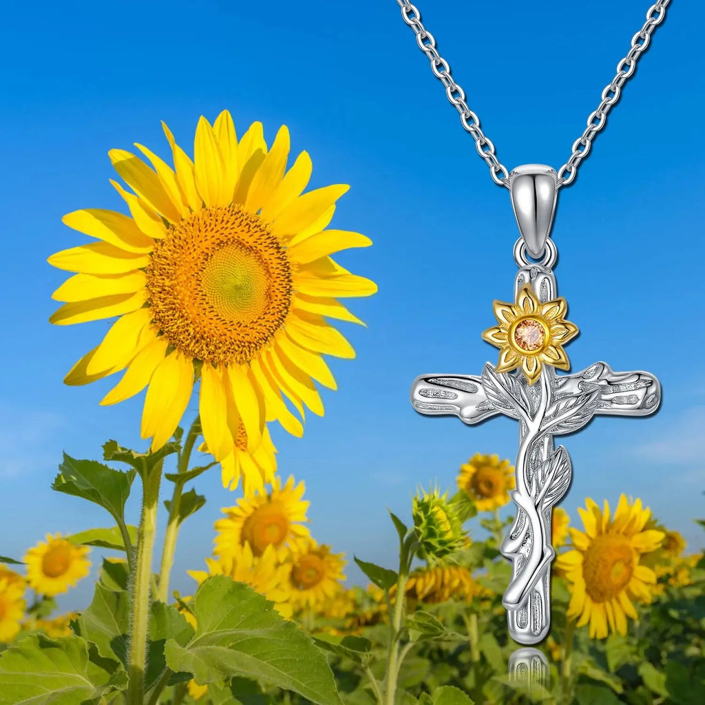 Cross Necklace 925 Sterling Silver Sunflower Pendant Necklaces Birthday Gifts Jewelry for Women Mom Daughter Wife