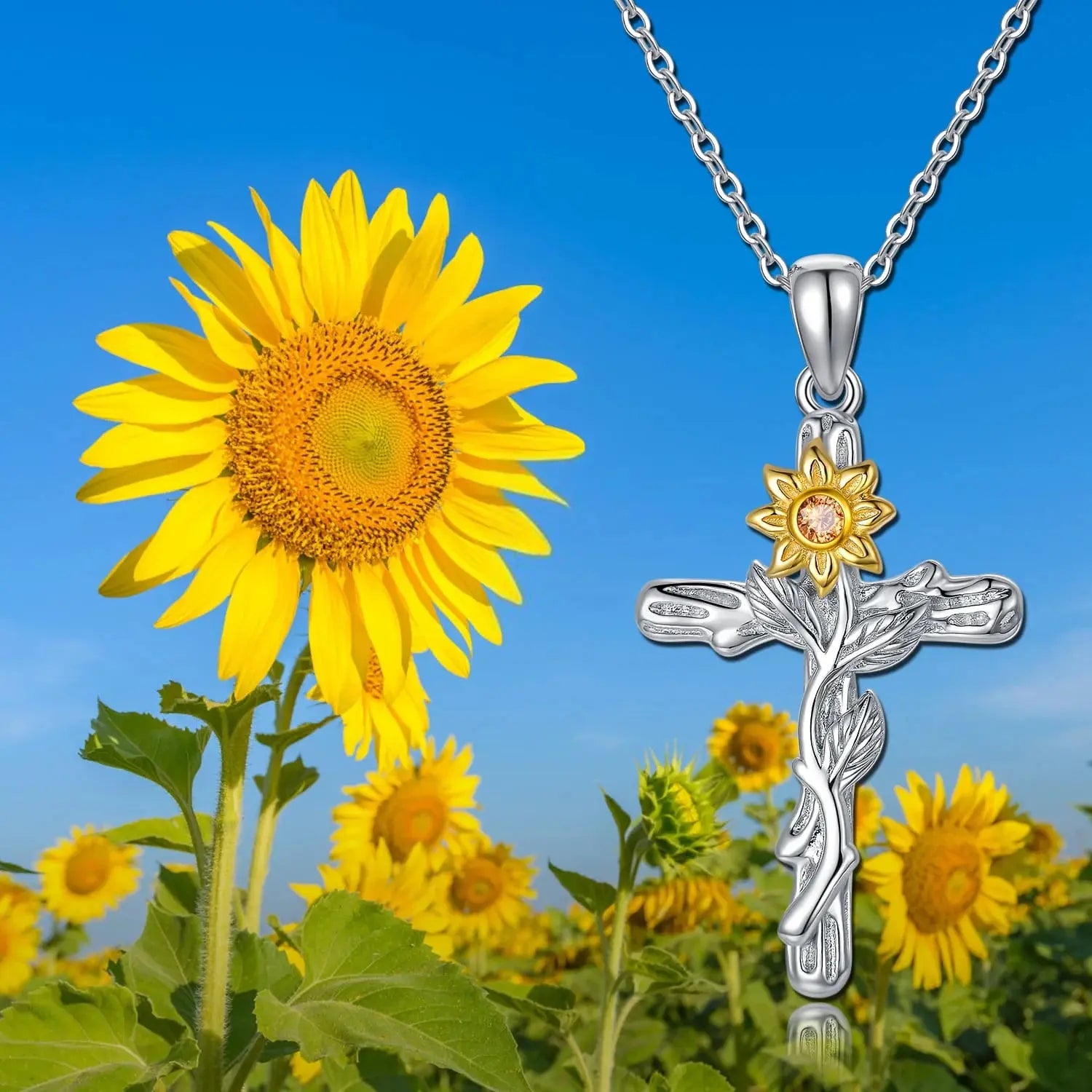 Cross Necklace 925 Sterling Silver Sunflower Pendant Necklaces Birthday Gifts Jewelry for Women Mom Daughter Wife