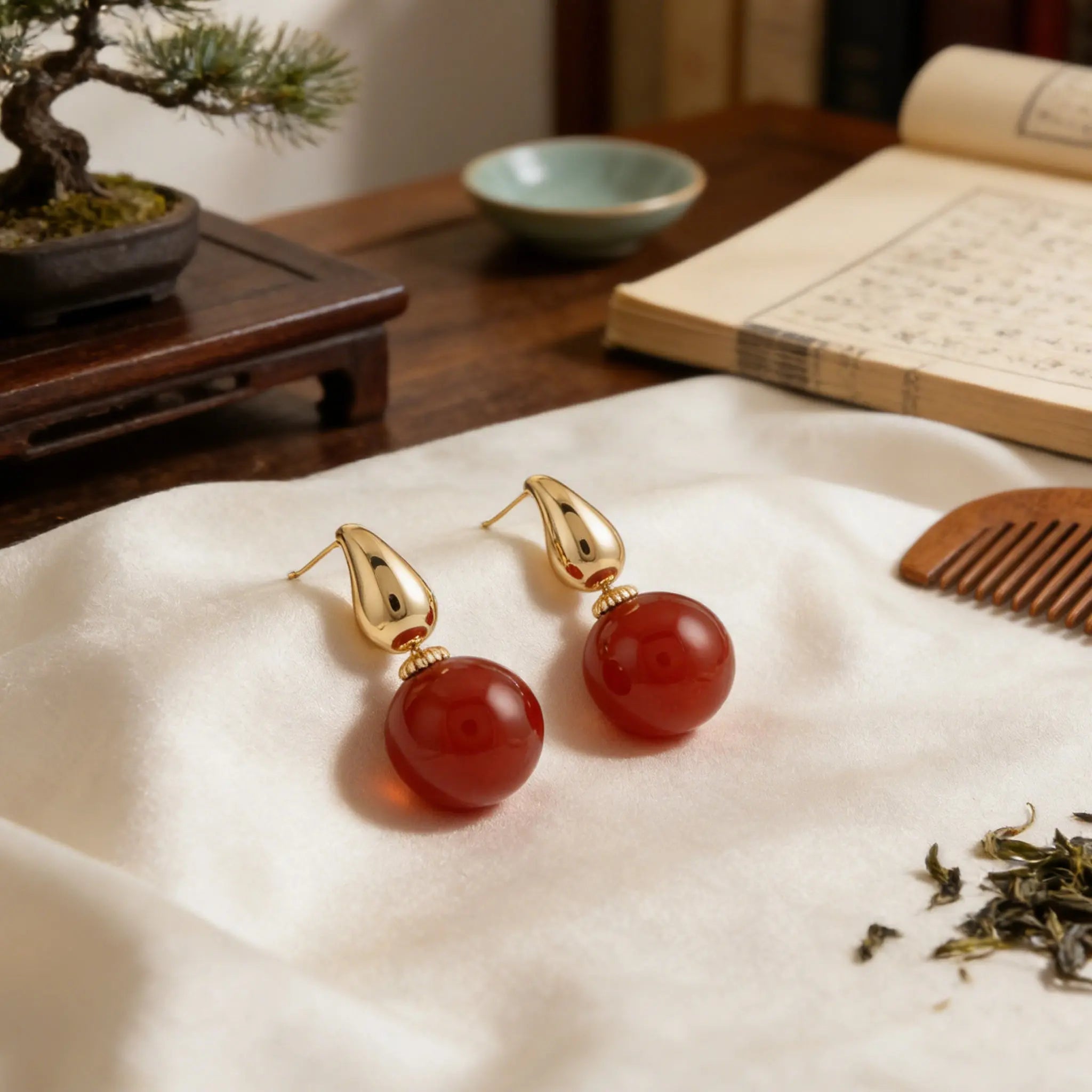 925 Sterling Silver Elegant Red Carnelian Sphere and Polished Metallic Teardrop Drop Earrings