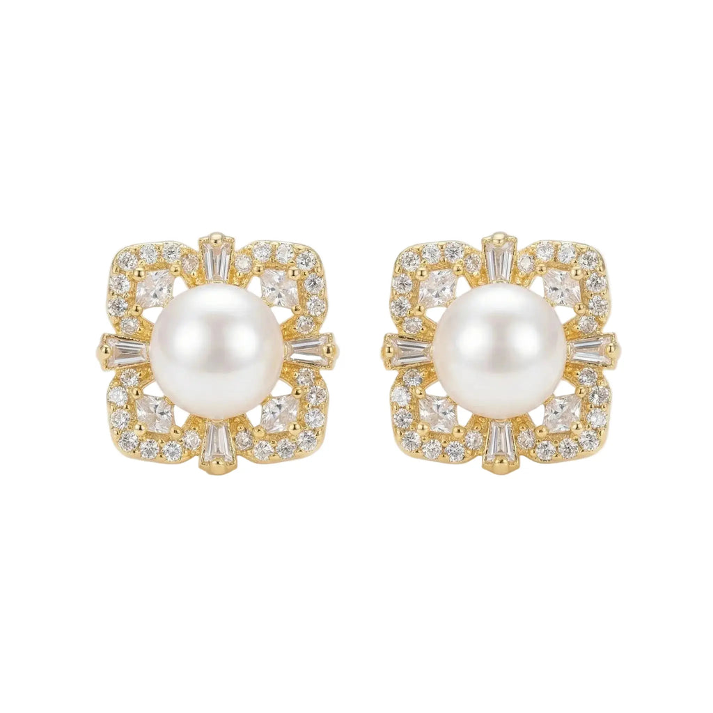 925 Sterling Silver Elegant Lustrous Pearl Earrings Studs with Ornate Geometric Gemstone Halo Frame NP Collection