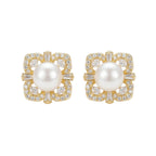 925 Sterling Silver Elegant Lustrous Pearl Earrings Studs with Ornate Geometric Gemstone Halo Frame NP Collection