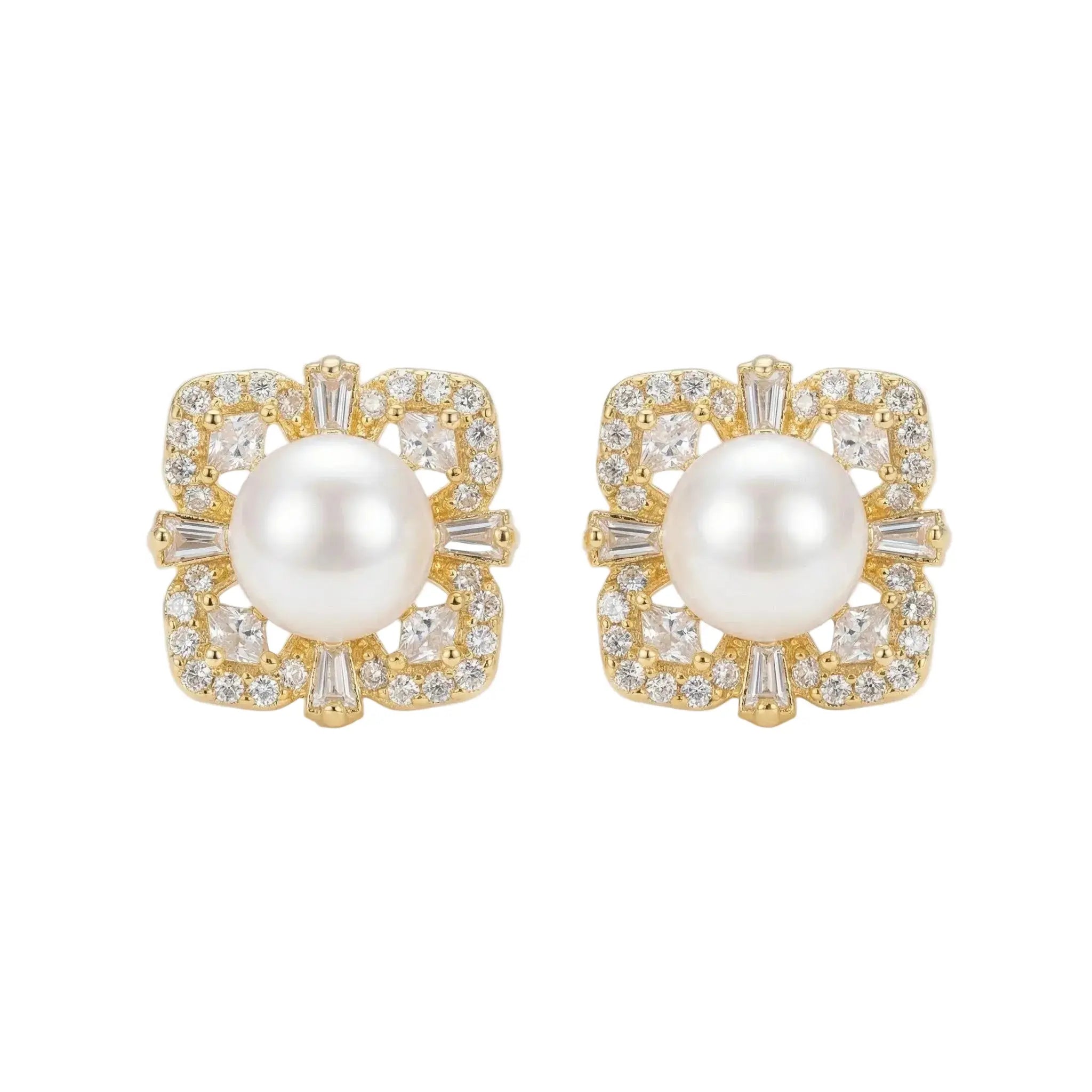 925 Sterling Silver Elegant Lustrous Pearl Earrings Studs with Ornate Geometric Gemstone Halo Frame NP Collection