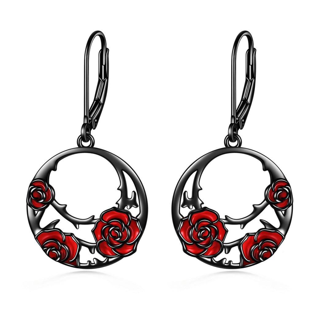 Sterling Silver Red Rose Flower Leverback Earrings