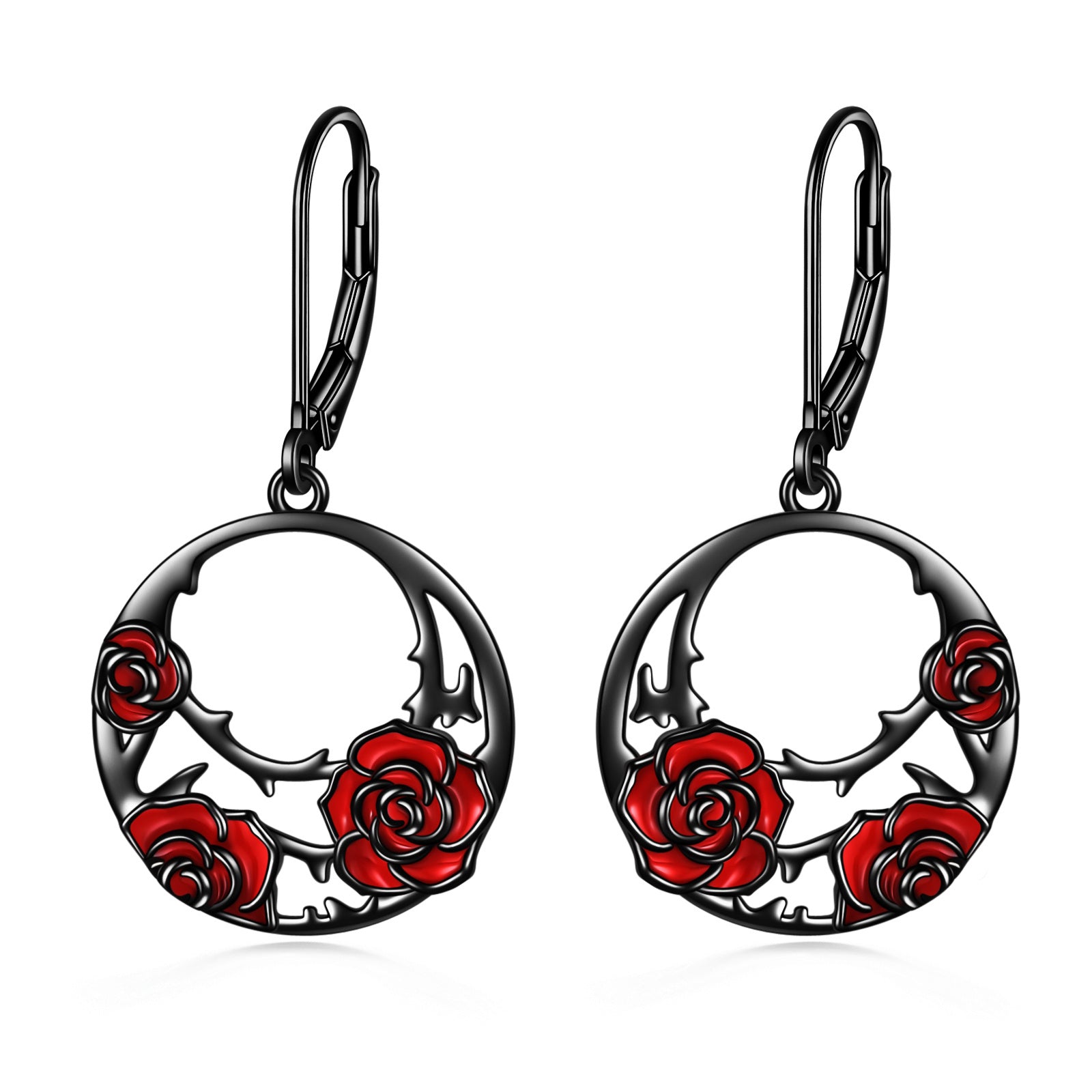 Sterling Silver Red Rose Flower Leverback Earrings