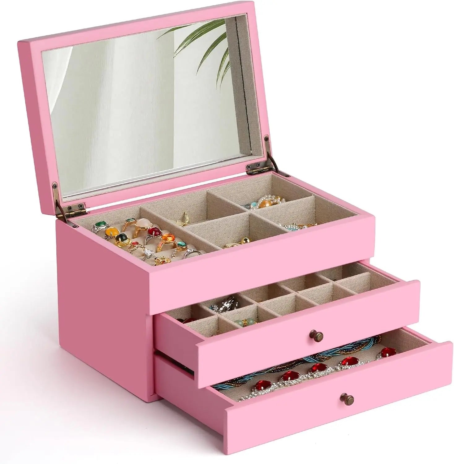 Jewelry Box Organizer for Women, 3 Layer Large Jewelry Storage Case, Rustic Wooden Jewelry Box with Mirror & Ring Tray for Necklace Earring Bracelets Rings, Vintage Style (Pink)