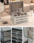 Jewelry Boxes for Women Modern Glass Jewelry Box Organizer 3-Layer 2 Drawers,Lots of Storage Space,Best Birthday Gifts for Women/Silver