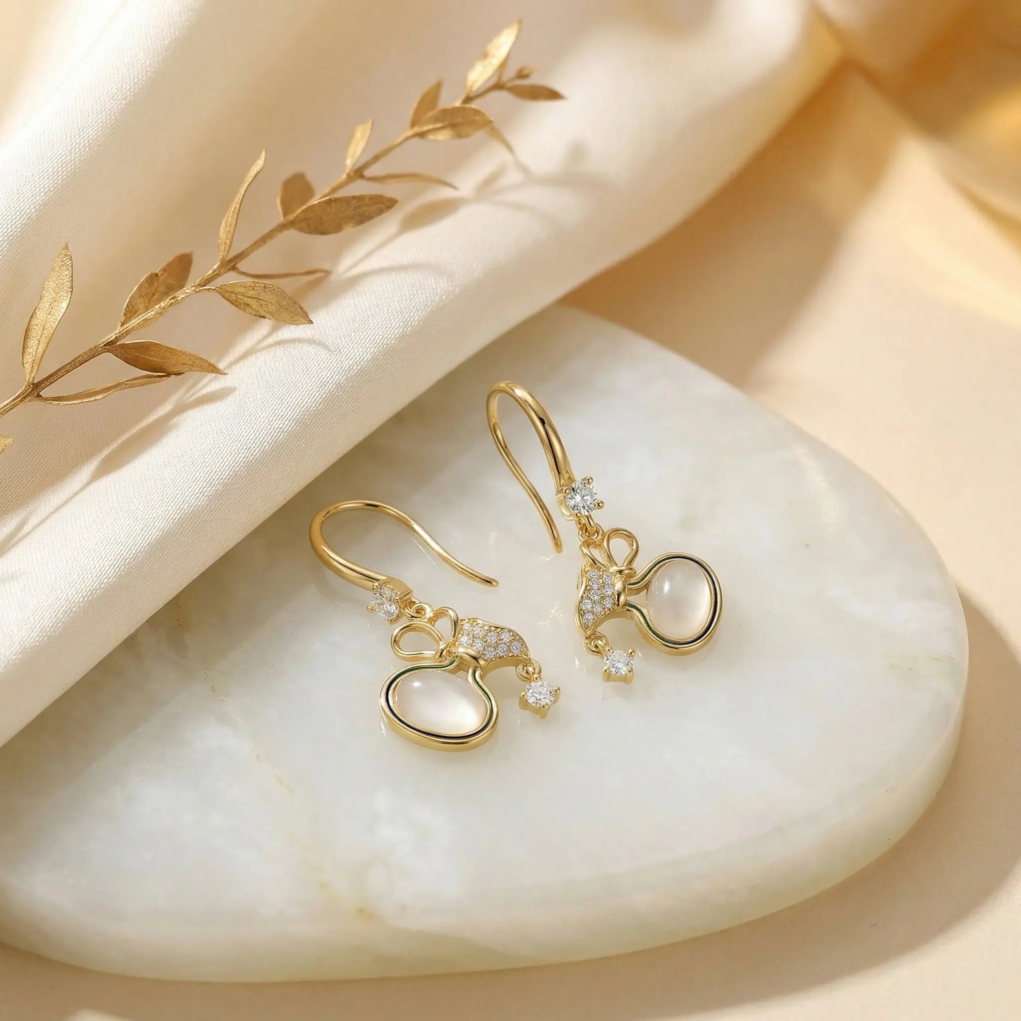 925 Sterling Silver Elegant Moonstone Gourd Drop Earrings with Shimmering Brilliant Accents