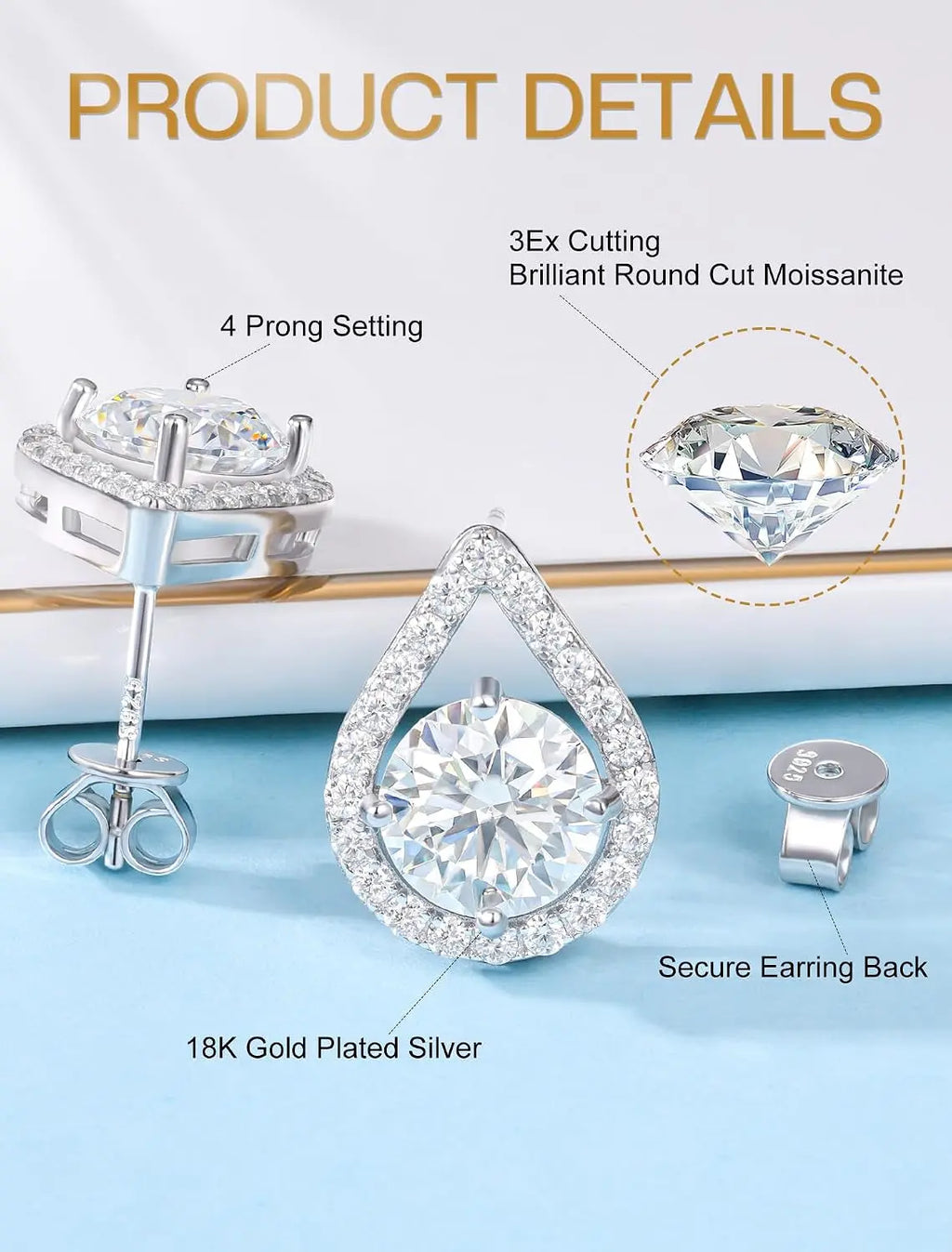 Moissanite Stud Earrings, 18K White Gold Vermeil, 925 Sterling Silver 1.0Ct 