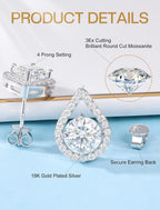 Moissanite Stud Earrings, 18K White Gold Vermeil, 925 Sterling Silver 1.0Ct 