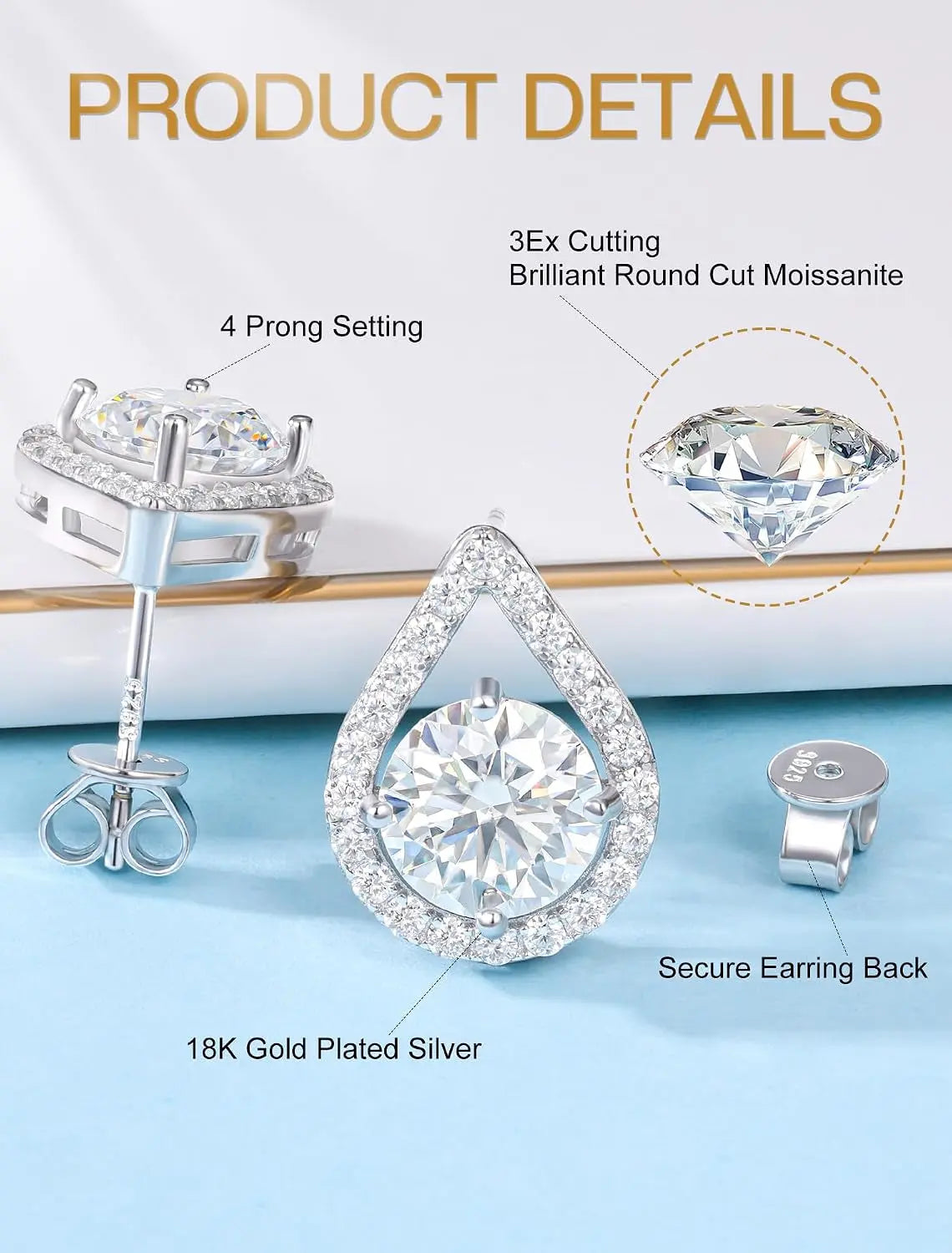 Moissanite Stud Earrings, 18K White Gold Vermeil, 925 Sterling Silver 1.0Ct 