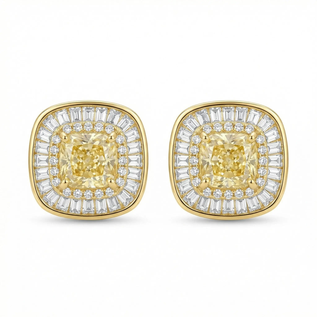 925 Sterling Silver Cushion Canary Gemstone Double Halo Baguette Border Stud Earrings NP Collection