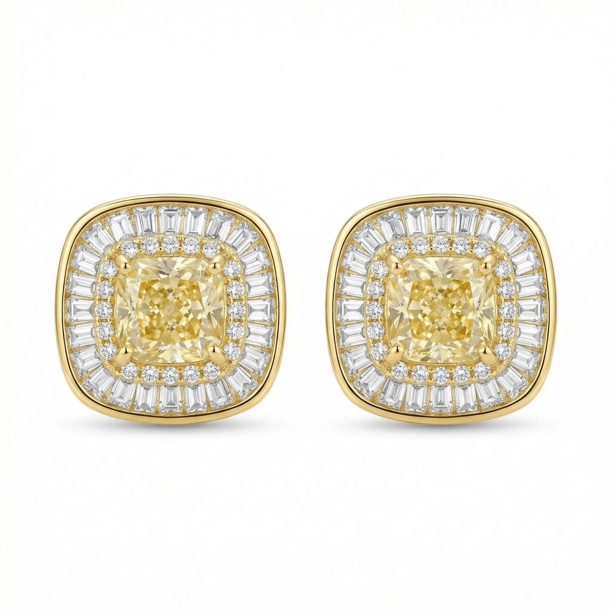 925 Sterling Silver Cushion Canary Gemstone Double Halo Baguette Border Stud Earrings NP Collection