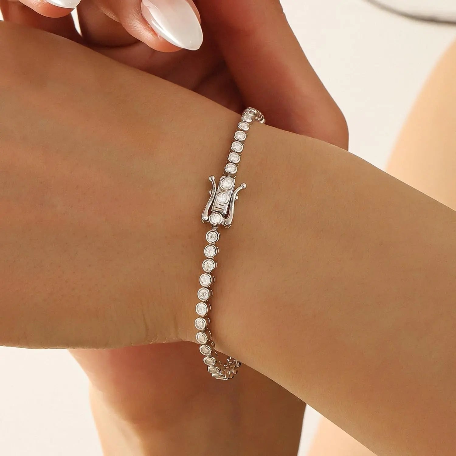 Bezel Tennis Bracelet 925 Silver Plated with 14K Gold round Cut Moissanite Gold 