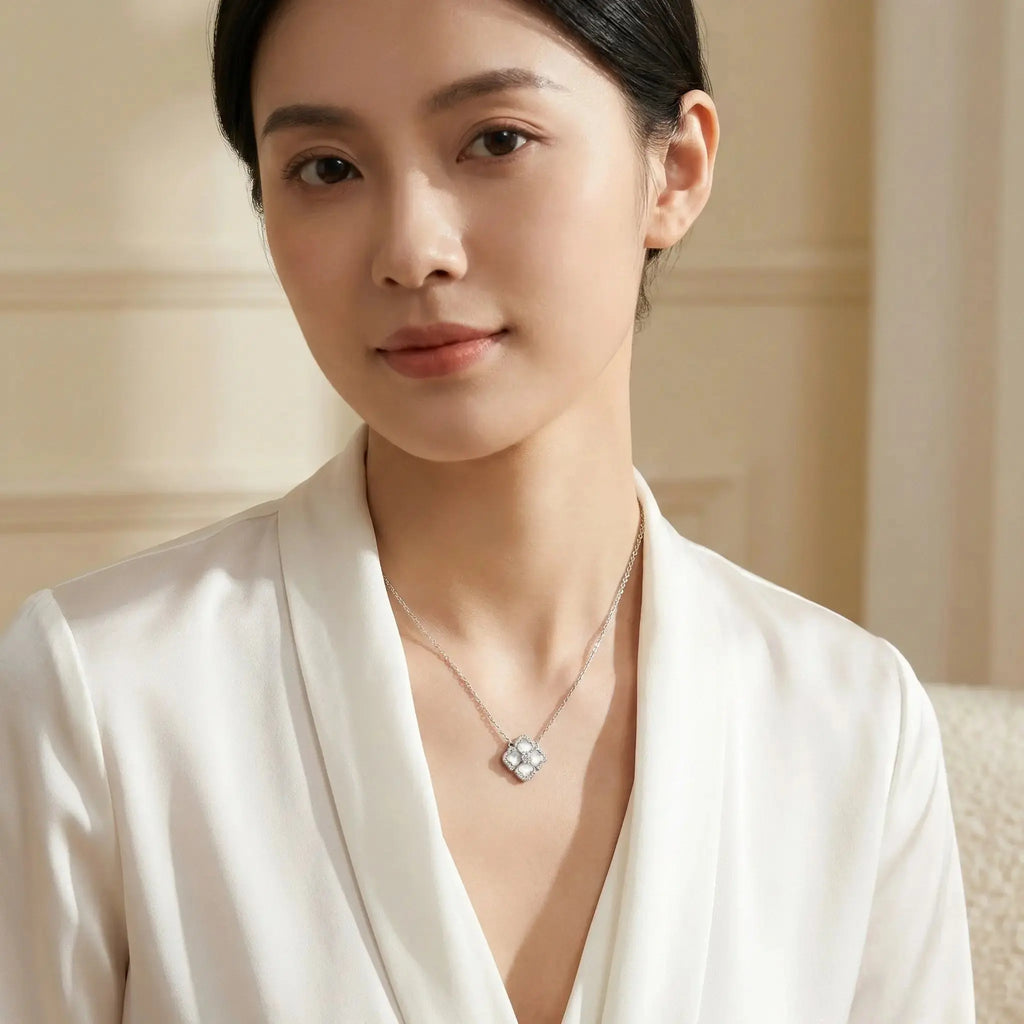 925 Sterling Silver Elegant Silver Mother-of-Pearl and Diamond Floral Pendant Necklace NP Collection