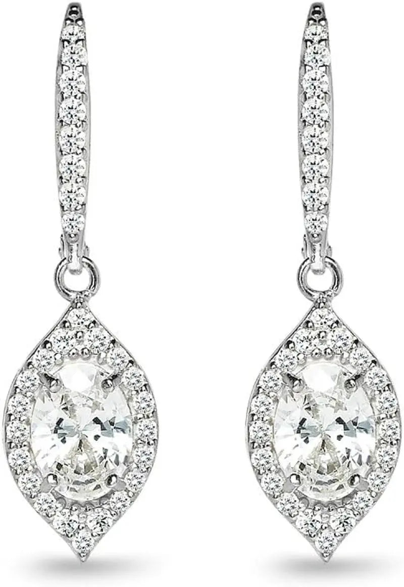 Sterling Silver Oval Dangle Leverback Earrings Made with AAA Cubic Zirconia