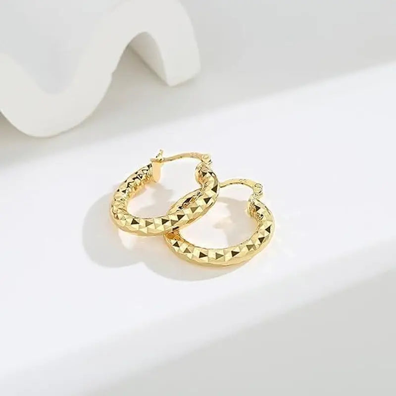 14K Gold Hoop Earrings Wrinkle Texture Chunky Hoops 