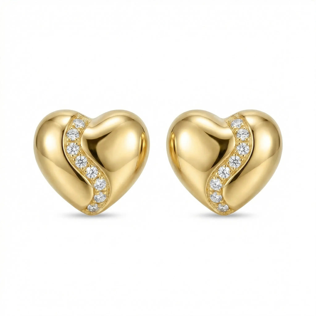 925 Sterling Silver Elegant Heart-Shaped Stud Earrings with Shimmering Curved Stone Accents