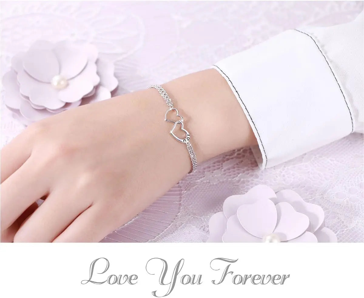 S925 Sterling Silver I Love U Forever Love Heart Double Chain Bracelets