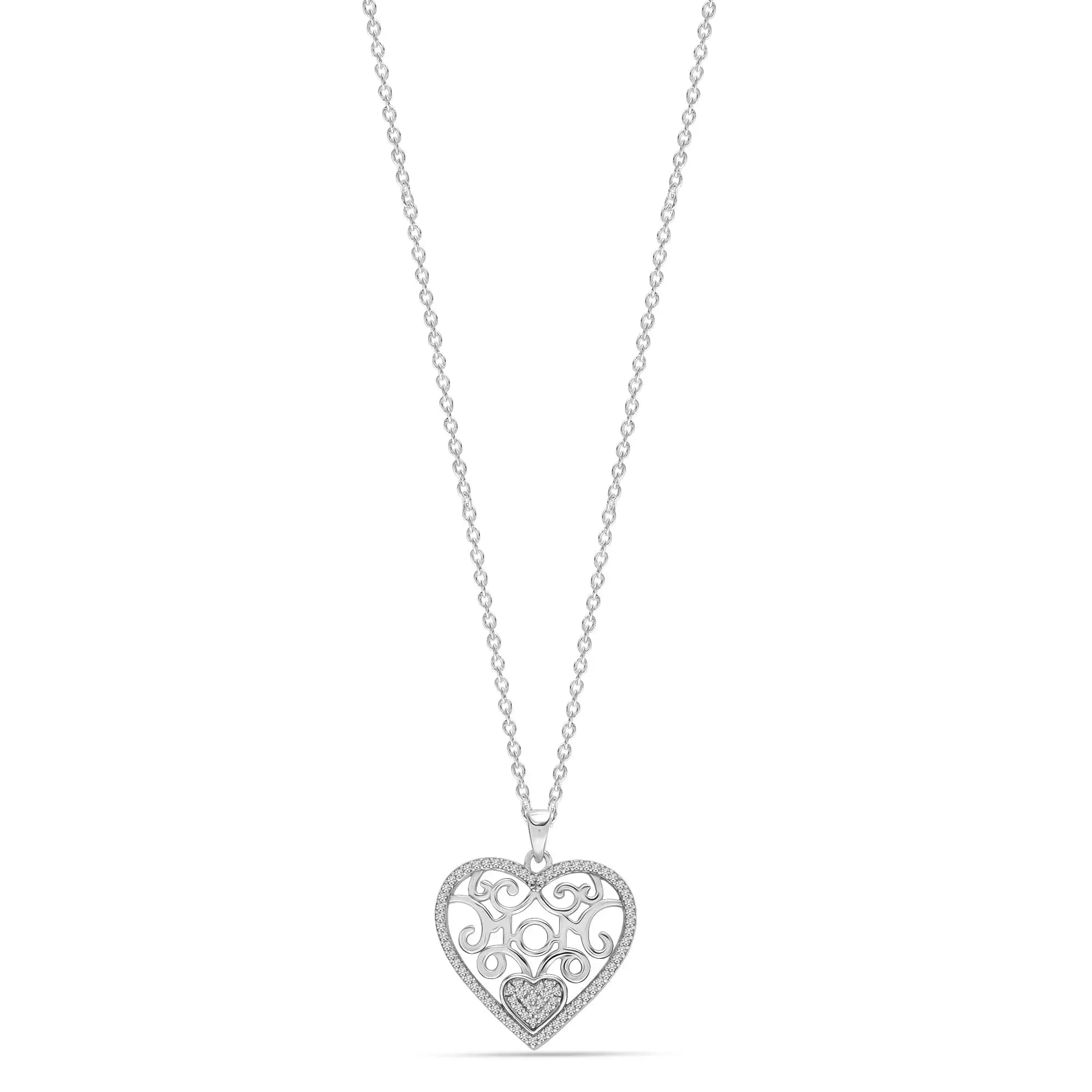 925 Sterling Silver Light-Weight CZ Filigree Heart Pendant Necklace 