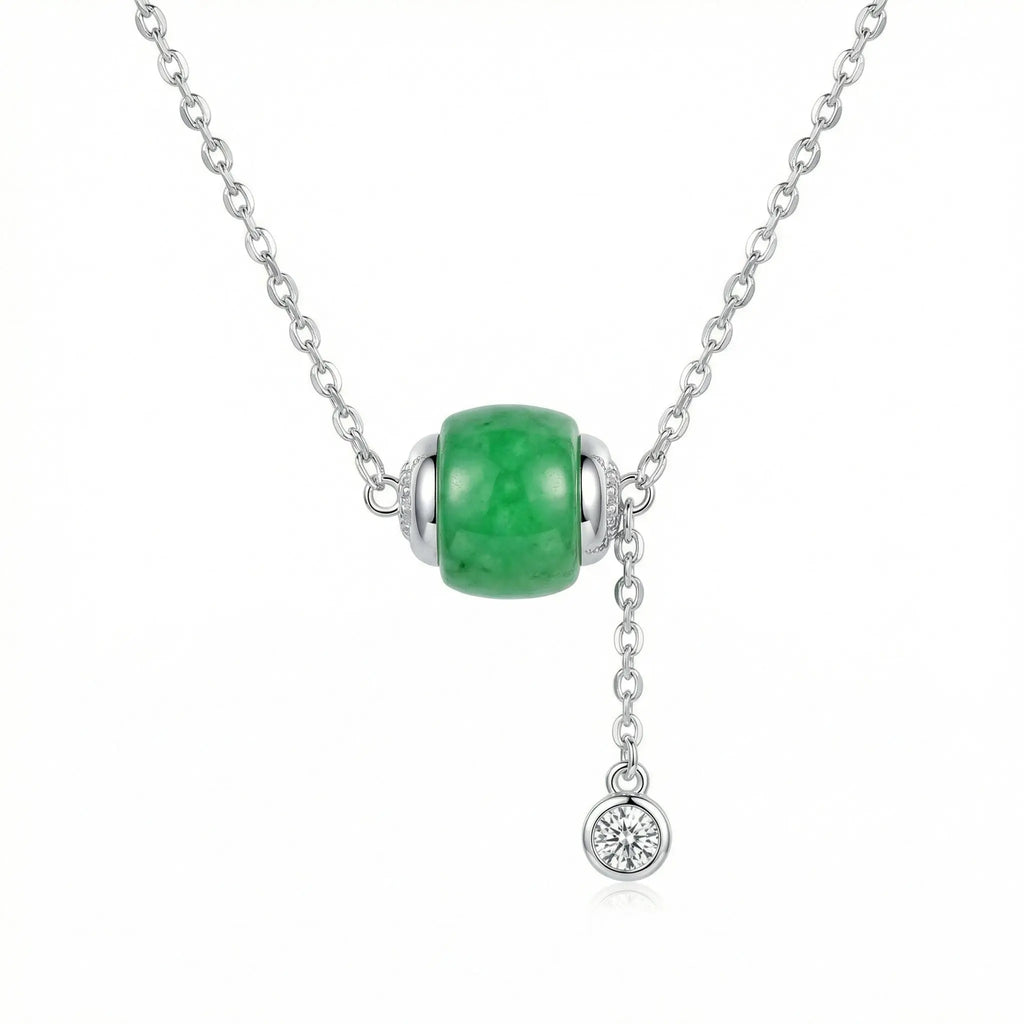 925 Sterling Silver Elegant Green Jadeite Barrel Necklace with Sparkling Crystal Drop Accent NP Collection