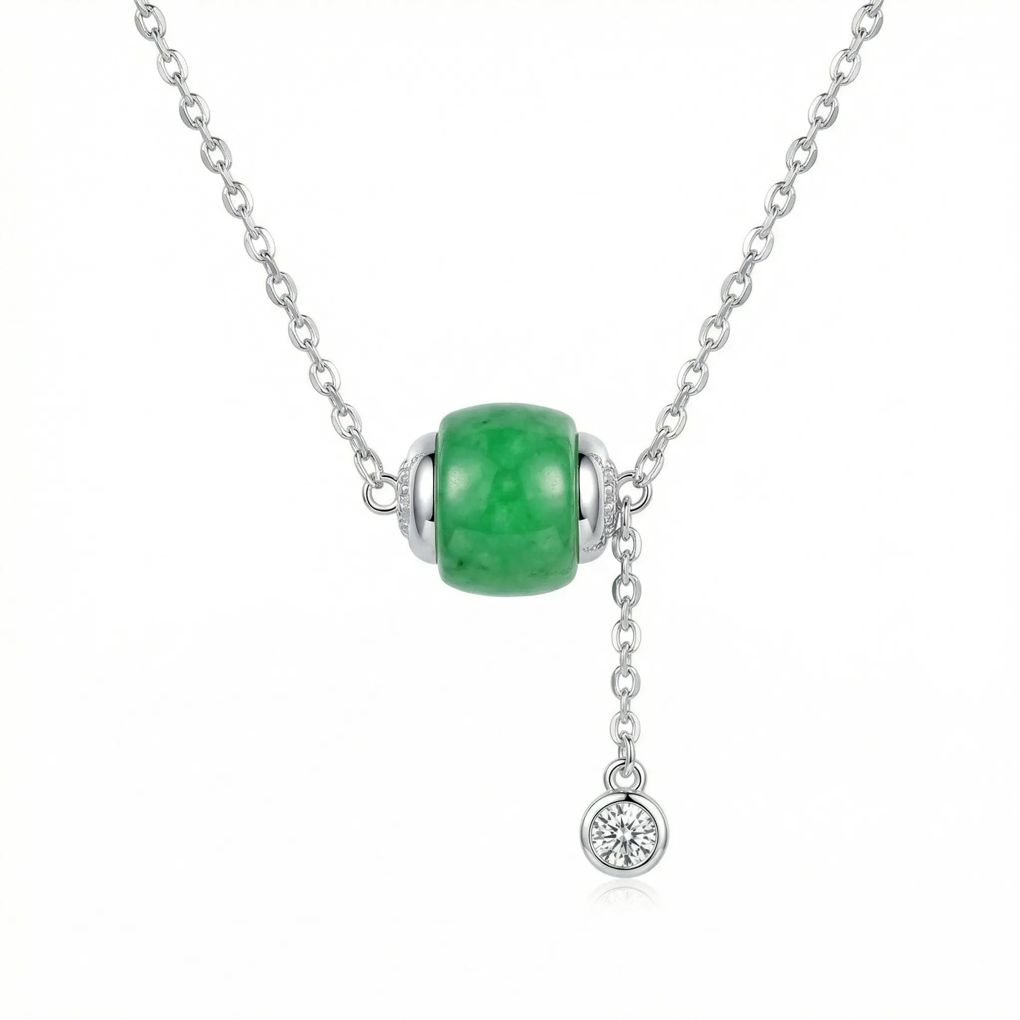 925 Sterling Silver Elegant Green Jadeite Barrel Necklace with Sparkling Crystal Drop Accent NP Collection