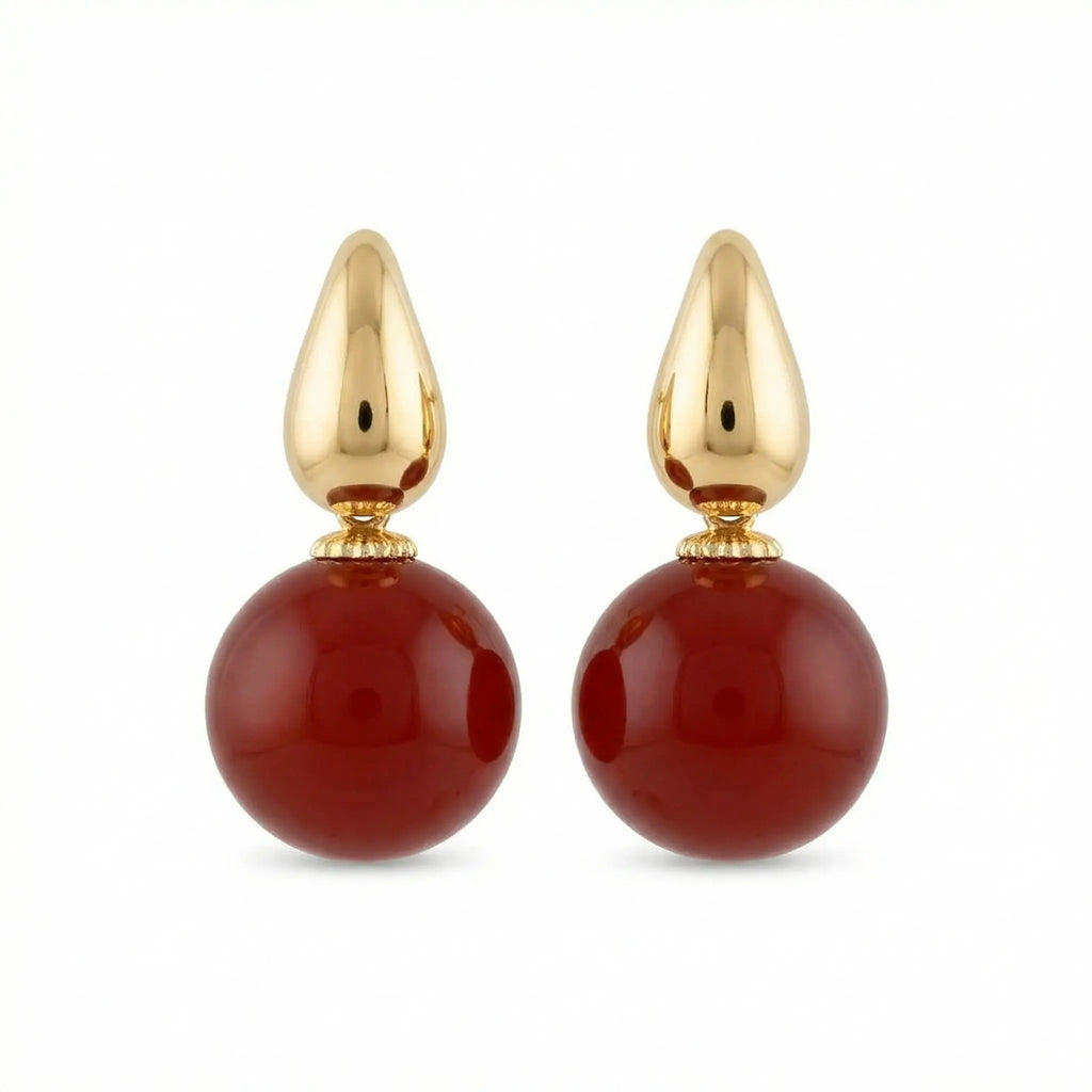 925 Sterling Silver Elegant Red Carnelian Sphere and Polished Metallic Teardrop Drop Earrings