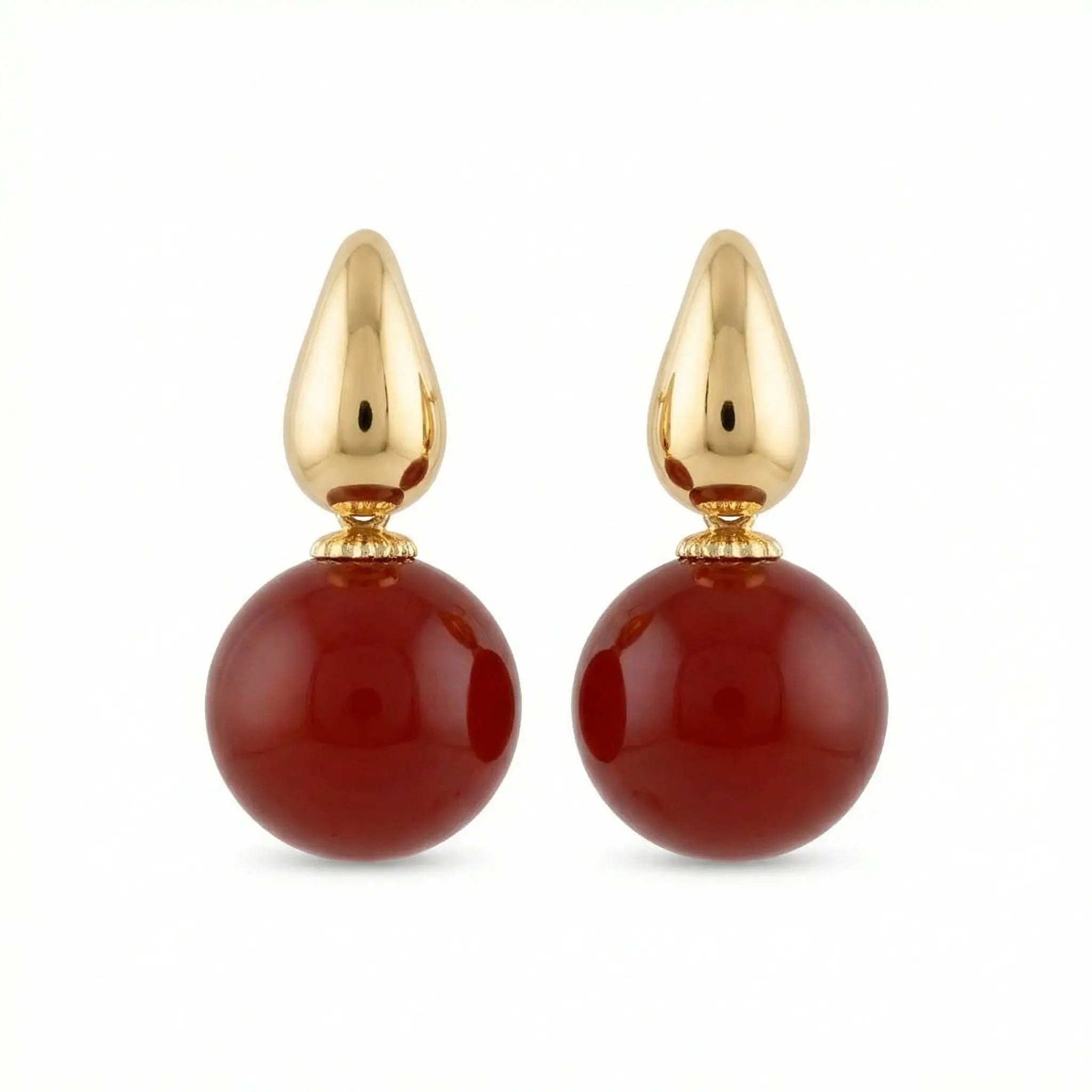 925 Sterling Silver Elegant Red Carnelian Sphere and Polished Metallic Teardrop Drop Earrings