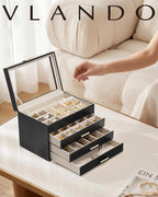 Jewelry Box Organizer for Women, 4-Layer Jewelry Storage Case with Glass Lid, Gold Handle, 3 Drawers for Rings, Earrings, Necklaces and Bracelets - Black