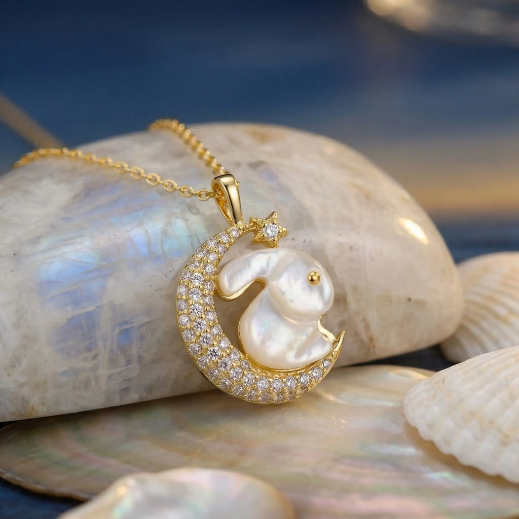 925 Sterling Silver Whimsical Mother of Pearl Rabbit Resting on Sparkling Crescent Moon Pendant Necklace NP Collection