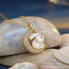 925 Sterling Silver Whimsical Mother of Pearl Rabbit Resting on Sparkling Crescent Moon Pendant Necklace NP Collection