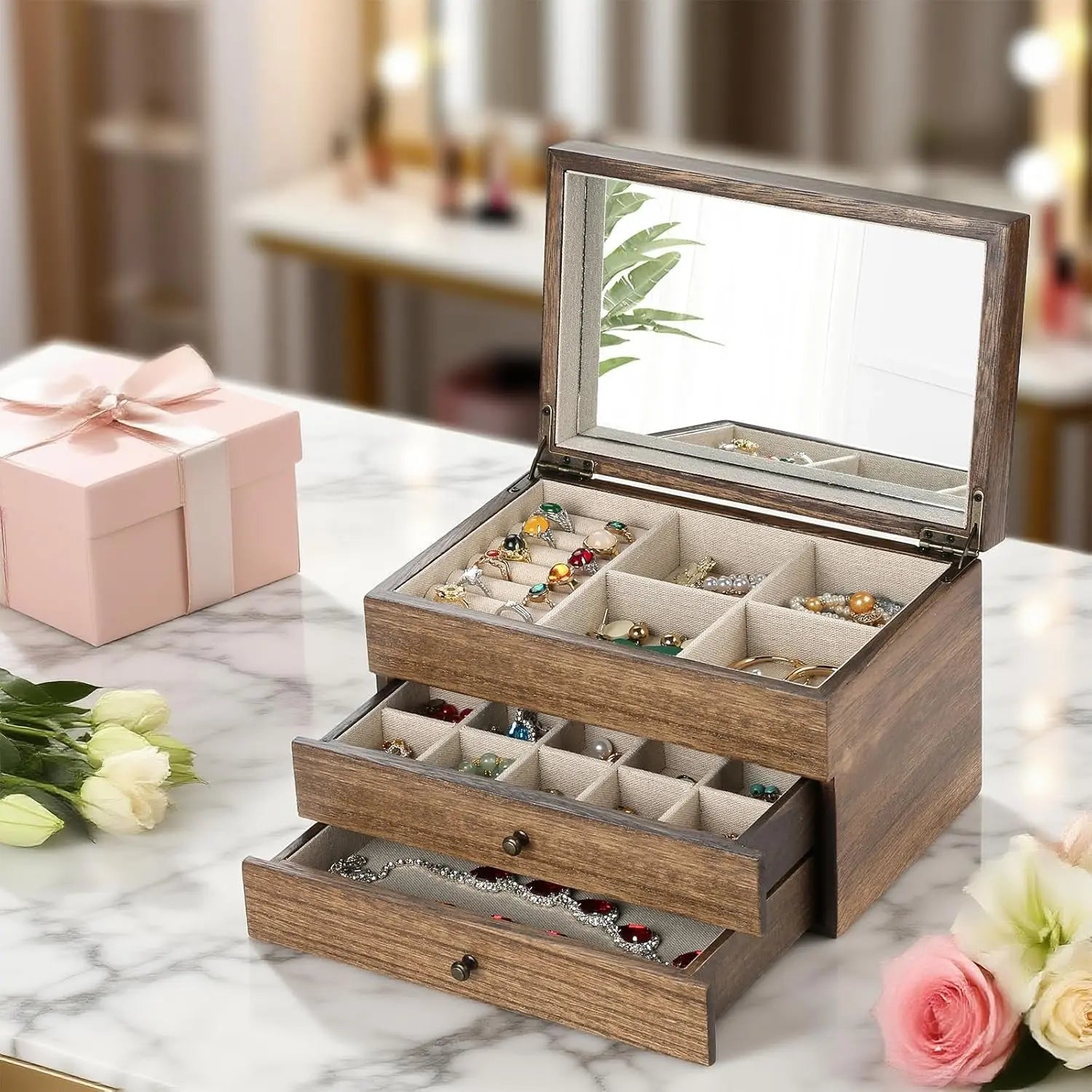 3 Layer Large Jewelry Storage Case, Rustic Wooden 