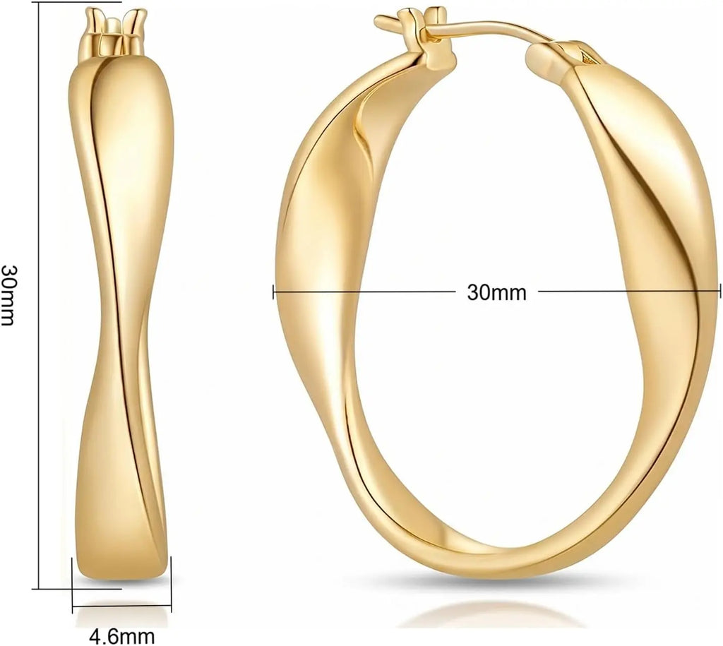14K Gold Hoop Earrings Twisted Thick Wave Design