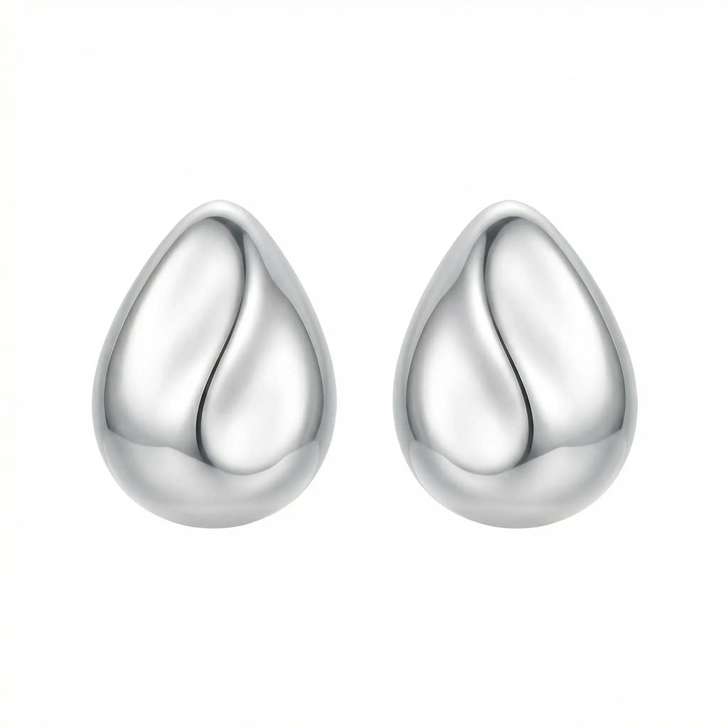 925 Sterling Silver Minimalist Polished Silver Teardrop Stud Earrings with Sculptural Wave Detail