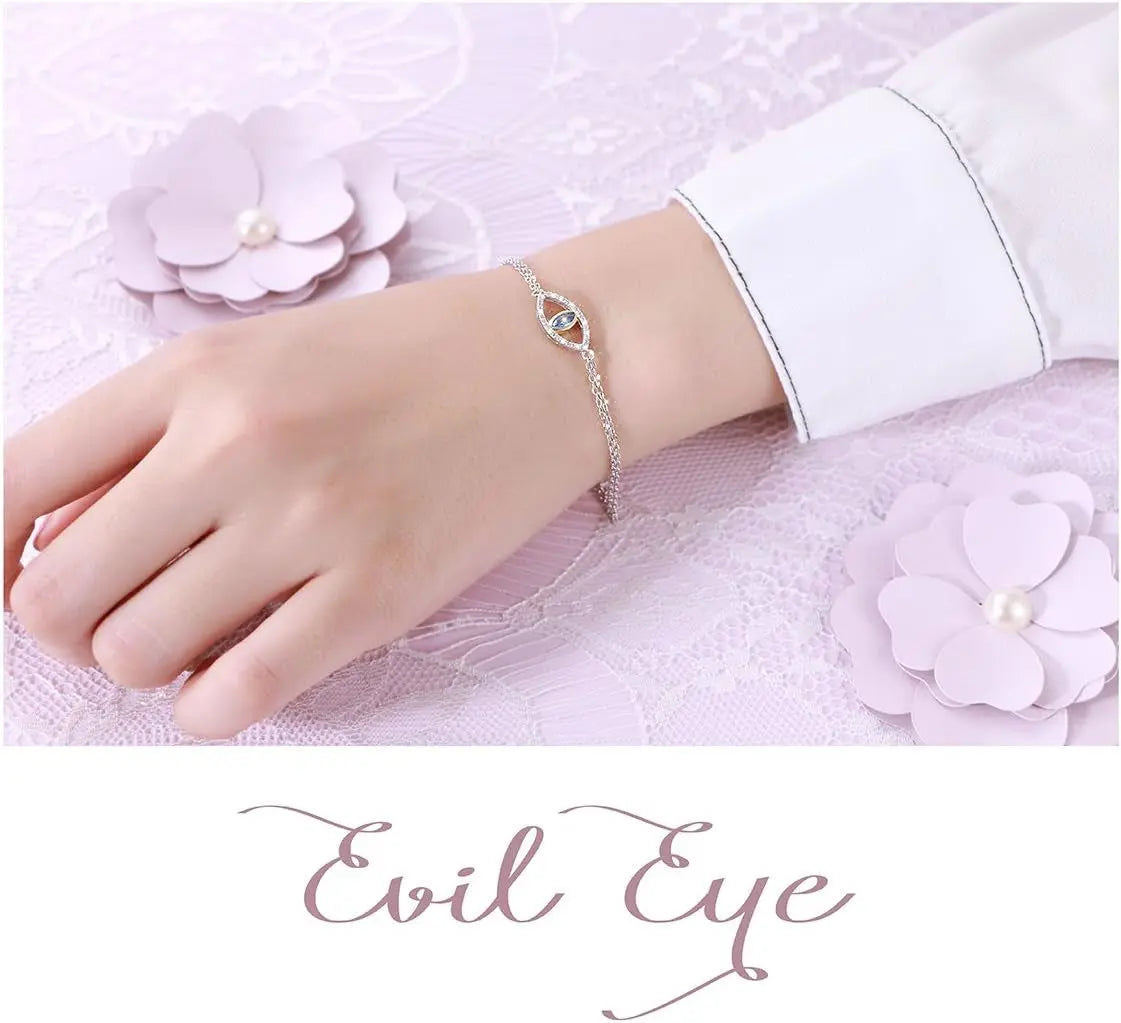 925 Sterling Silver Double Strand Cubic Zirconia Evil Eye Bracelet 