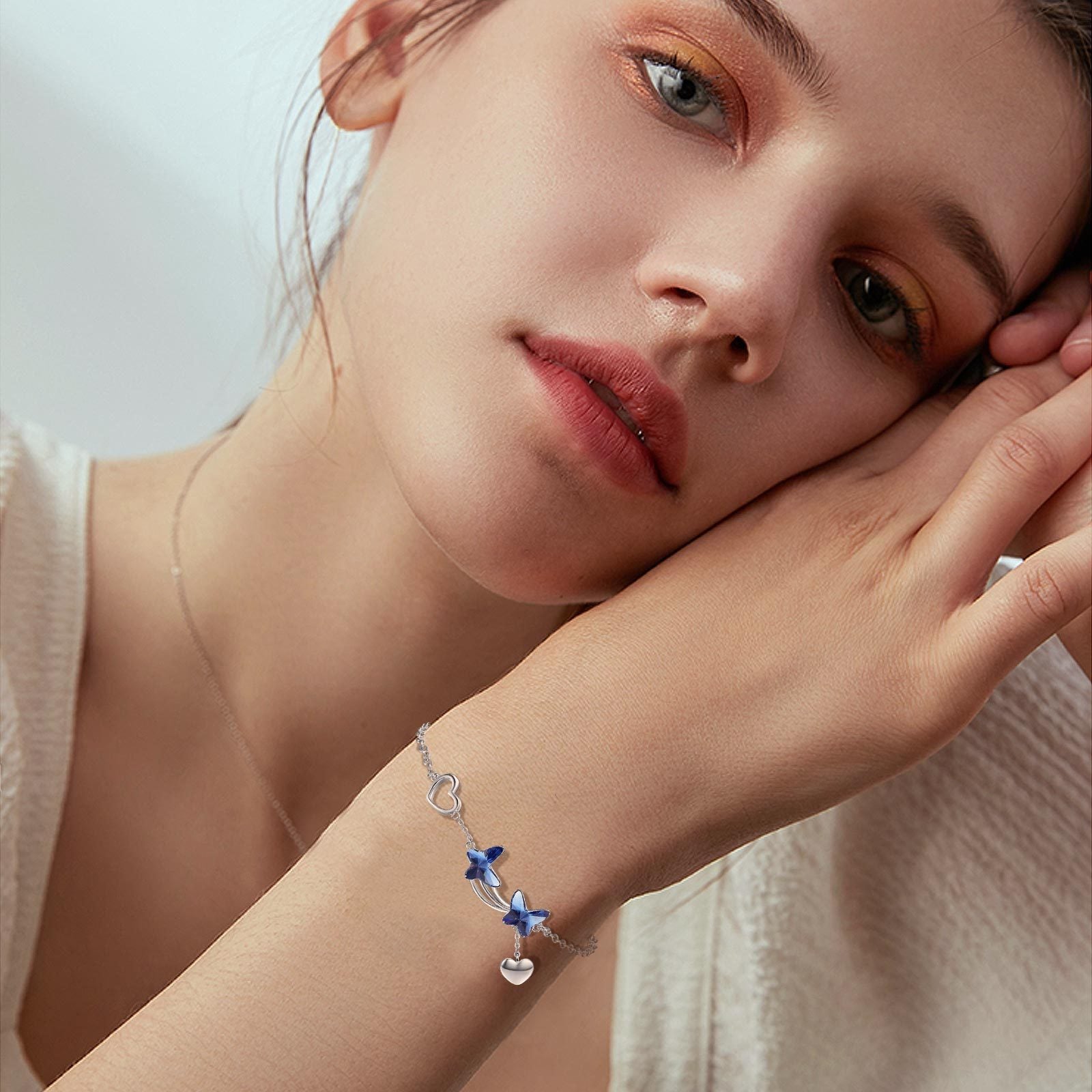 925 Sterling Silver Butterfly Blue Cubic Zirconia Pendant Bracelet