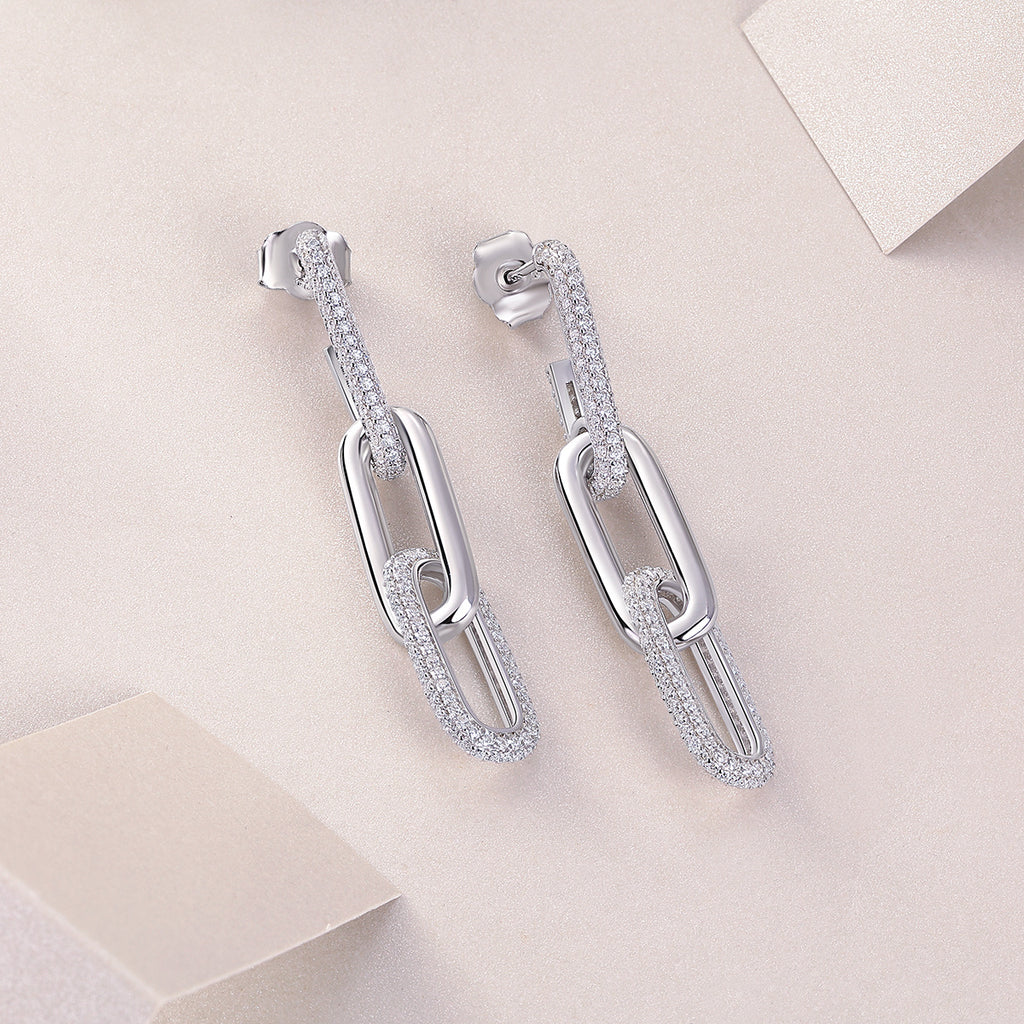 Chain Diamond Earrings Stud Set With Mosan Diamond Silver Ornaments
