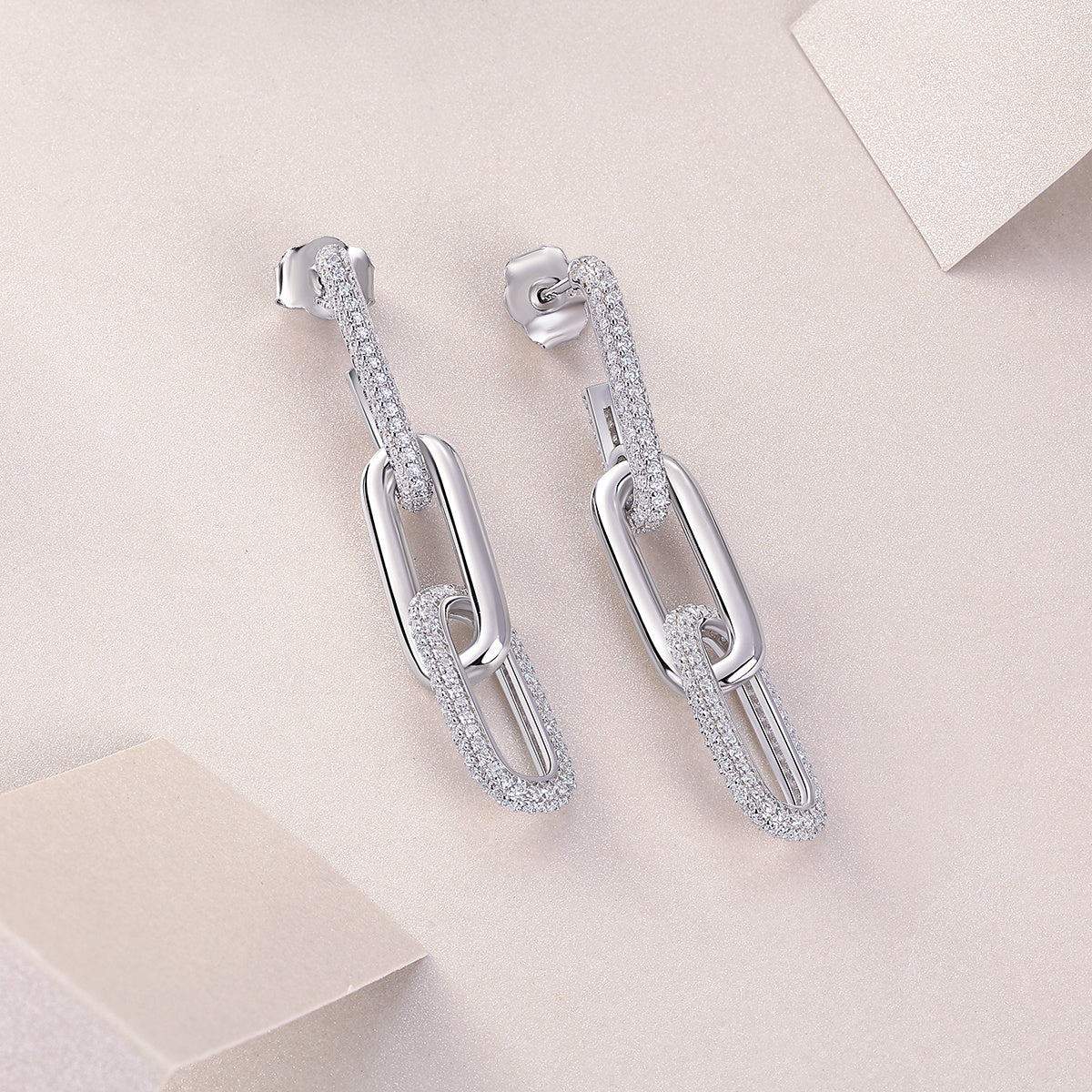 Chain Diamond Earrings Stud Set With Mosan Diamond Silver Ornaments