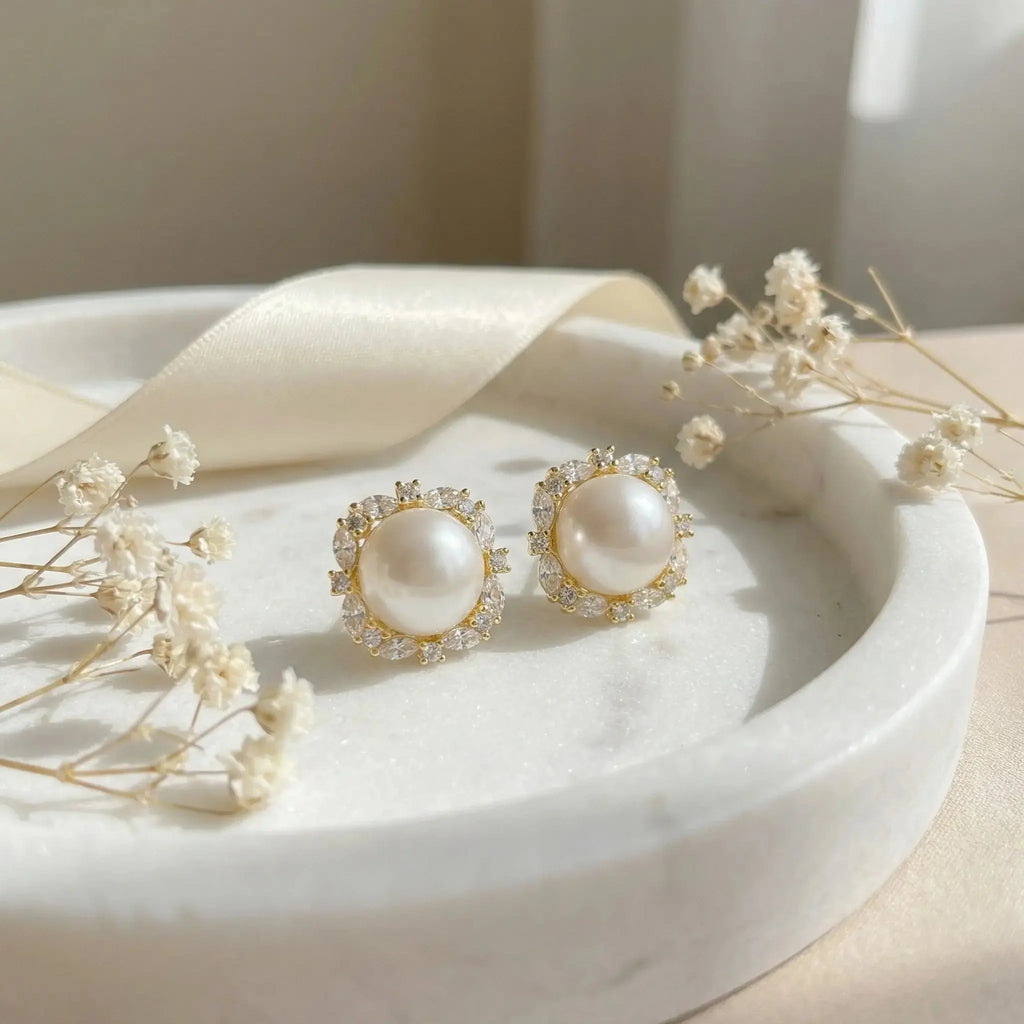 925 Sterling Silver Elegant White Pearl Stud Earrings with Marquise and Round Zirconia Square Halo Settings NP Collection
