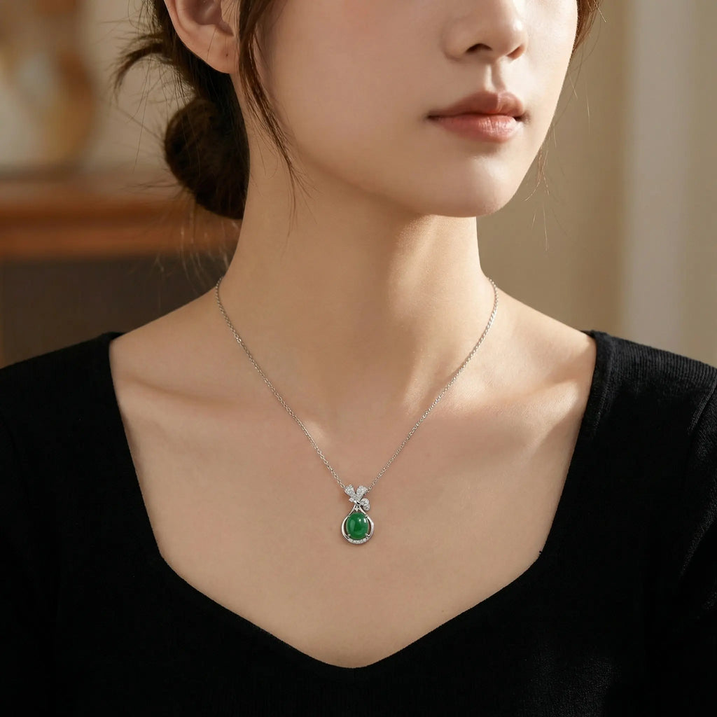 925 Sterling Silver Elegant Green Jade Cabochon Pendant Necklace with Sparkling Diamond Ribbon Accent NP Collection