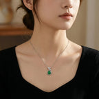 925 Sterling Silver Elegant Green Jade Cabochon Pendant Necklace with Sparkling Diamond Ribbon Accent NP Collection