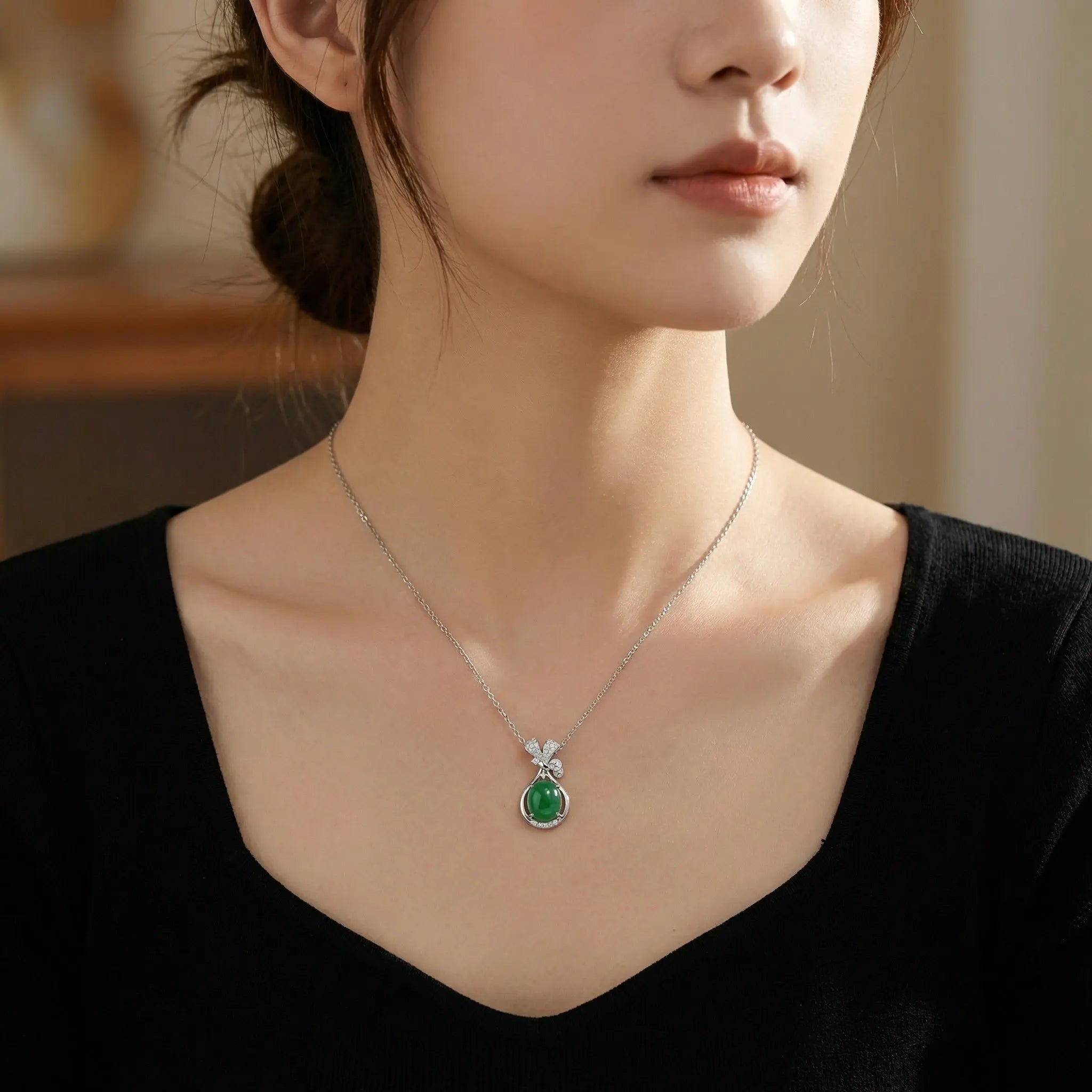 925 Sterling Silver Elegant Green Jade Cabochon Pendant Necklace with Sparkling Diamond Ribbon Accent NP Collection