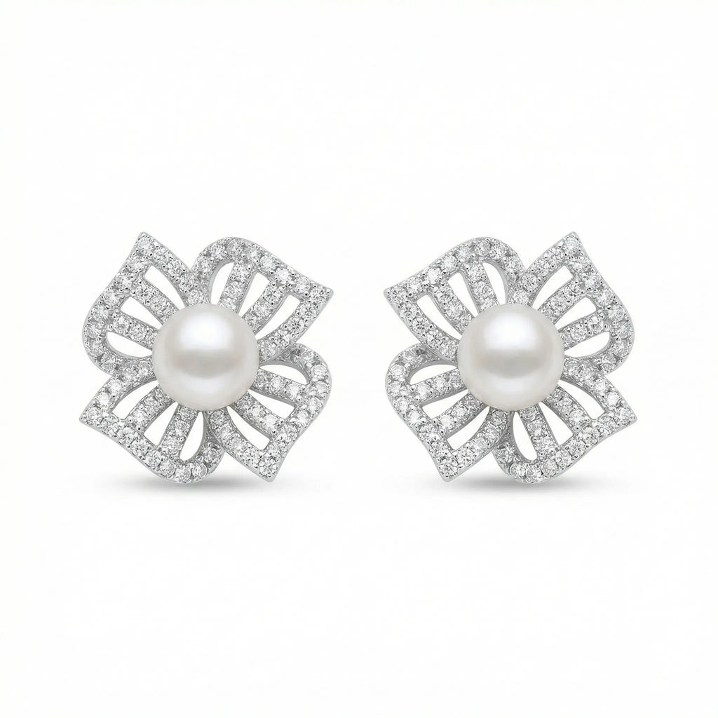 925 Sterling Silver Elegant White Pearl and Diamond Floral Stud Earrings NP Collection