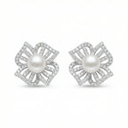 925 Sterling Silver Elegant White Pearl and Diamond Floral Stud Earrings NP Collection