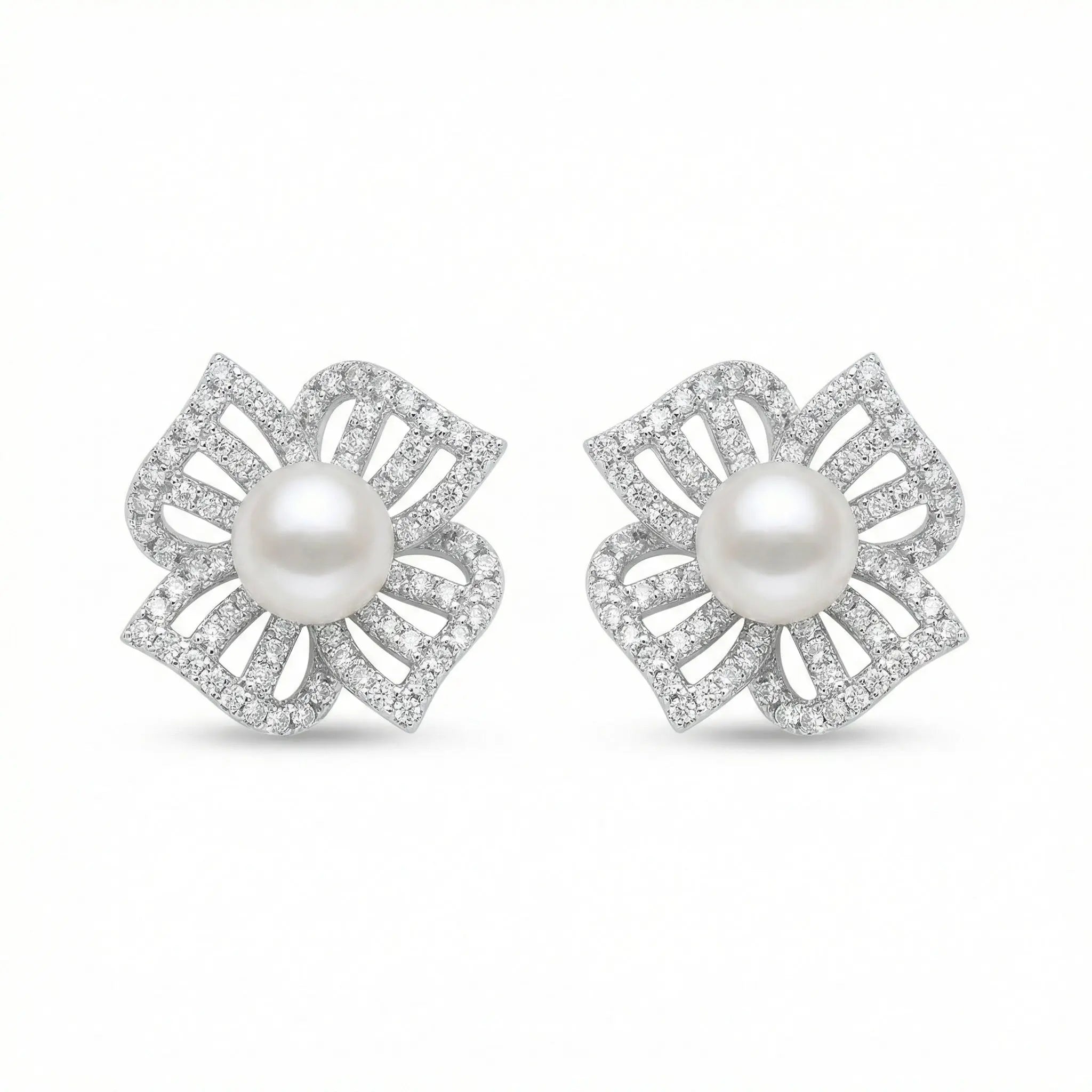 925 Sterling Silver Elegant White Pearl and Diamond Floral Stud Earrings NP Collection